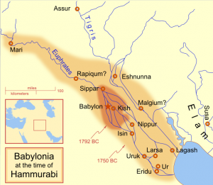 Map of Hammurabi&rsquo;s Babylonian Empire-1750 and 1792 BC - source Wikipedia mapmaster